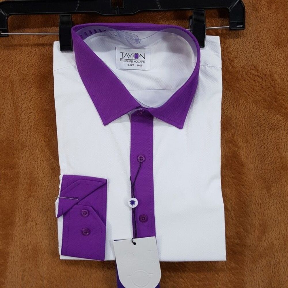 TAYION Dress Shirt Mens Size 16 16.5 34 35 White Purple Trim Textured Button Up